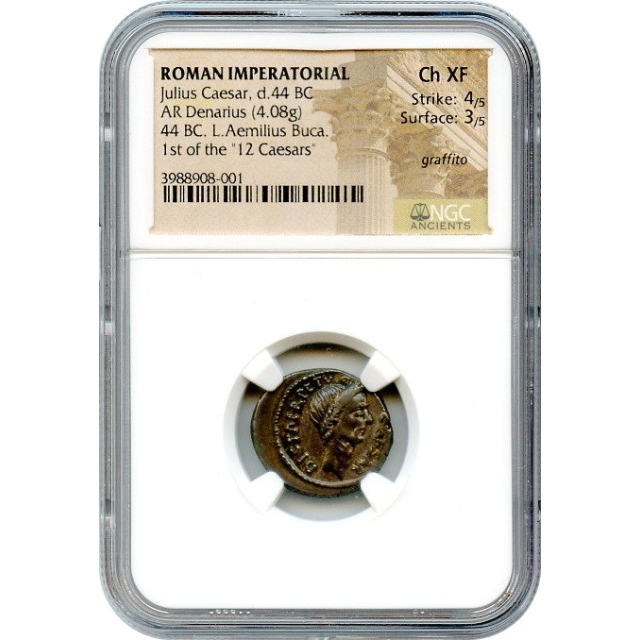 Ancient Roman Imperatorial - 44 BCE Julius Caesar AR Denarius NGC Choice XF