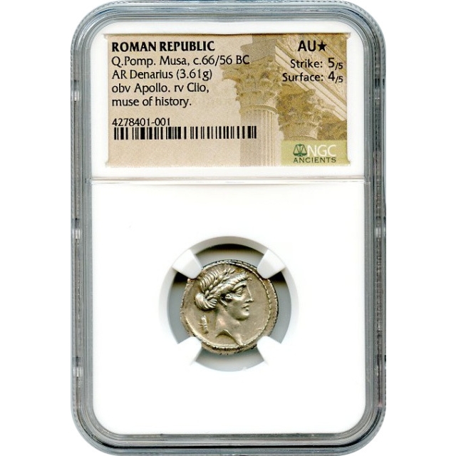 Ancient Roman Republic -  66/65 BCE Q.Pomponius Musa Moneyer, Clio AR Denarius NGC AU★