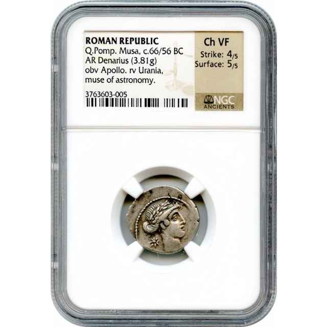 Ancient Roman Republic -  66/65 BCE Q.Pomponius Musa Moneyer, Urania AR Denarius NGC Choice VF