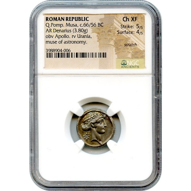 Ancient Roman Republic -  66-56 BCE Q.Pomponius Musa Moneyer, Urania AR Denarius NGC Choice XF