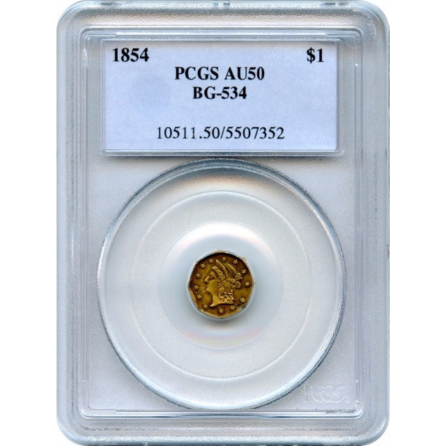 BG- 534, 1854 California Gold Rush Circulating Fractional Gold $1, Liberty Octagonal Eagle Reverse PCGS AU50 R6+