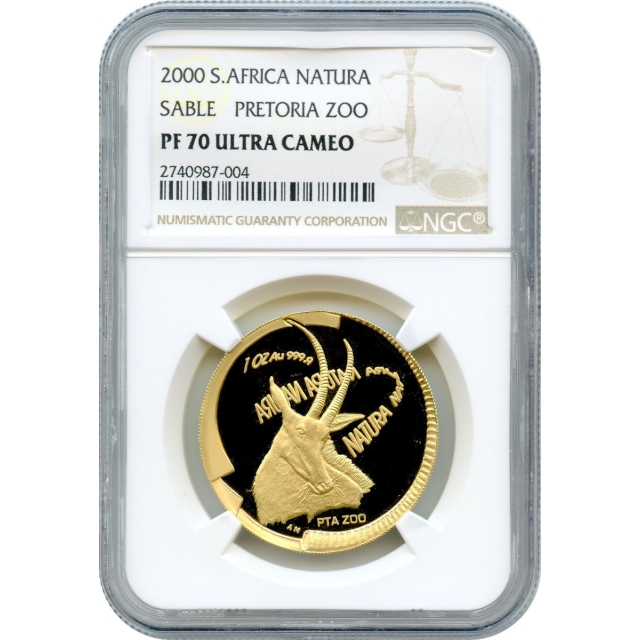 World Gold - 2000 1oz Natura - Sable (100 Rand) Pretoria, South Africa Zoo, KM-261 NGC PF70UCAM