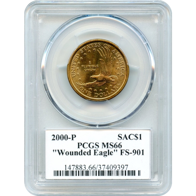 2000-P SAC$1 Sacagawea Dollar, 'Wounded Eagle' FS-901 variety PCGS MS66 Signed TD Rogers