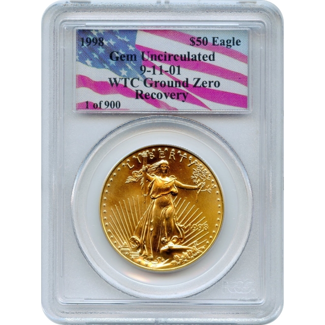 2001 G$50 Gold American Eagle, 9-11-01 WTC PCGS Gem Unc. Ex. NYC World Trade Center 