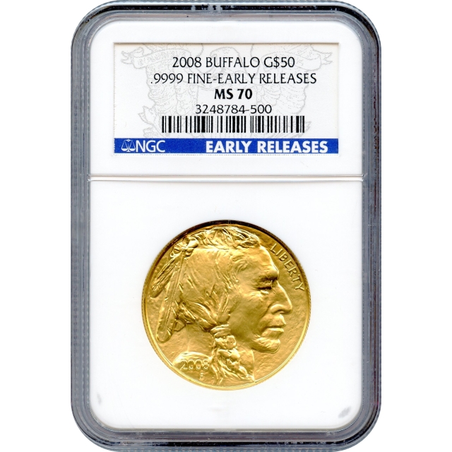 2008 $50 Gold Buffalo .9999 Fine, Early Releases NGC MS70