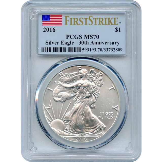 2016 S$1 Silver American Eagle, 30th Anniversary PCGS MS70 First Strike (20 avail)
