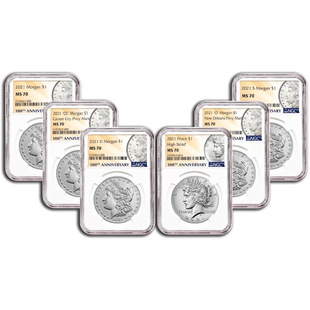 2021 $1 Morgan & Peace Silver Dollar 100th Anniversary 6pc Set NGC MS70 Early Release