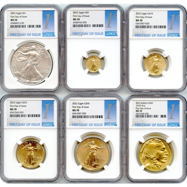2022 American Eagle & Buffalo Gold & Silver 6pc Set, First Day NGC MS70