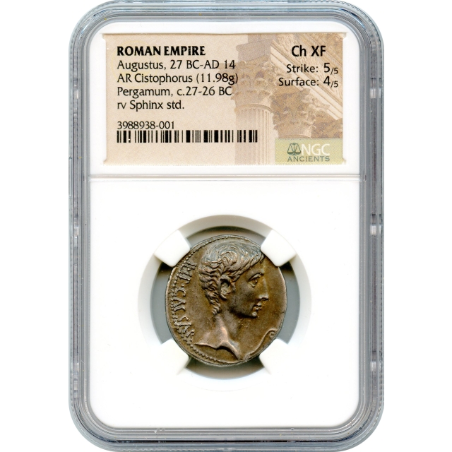 Ancient Rome -  27-26 BCE Augustus (Octavian) AR Cistophorus NGC Choice XF - Sphinx reverse!