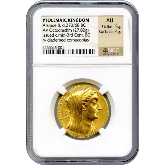 Ancient Greece - 270/68 BCE Ptolemaic Kingdom, Arsinoe II AV Octodrachm NGC AU