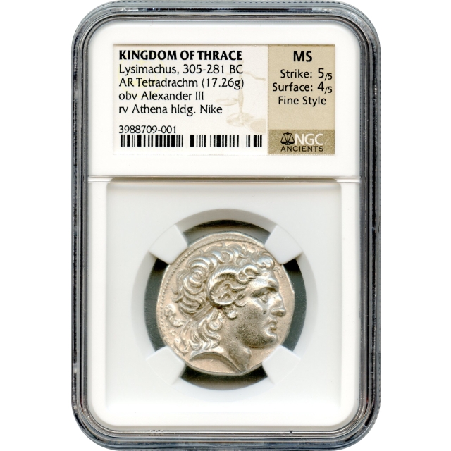 Ancient Greece - 305-281 BCE Thracian Kingdom Lysimachus AR Tetradrachm NGC MS Fine Style