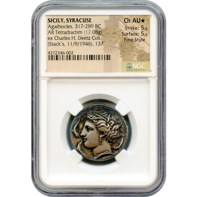 Ancient Greece - 317-289 BCE Sicily, Syracuse Agathocles AR Tetradrachm NGC ChAU* Ex.Deetz Collection