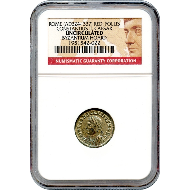 Ancient Rome - AD 324-337 Constantius II as Caesar, Reduced Follis NGC UNC Ex.Byzantium Hoard