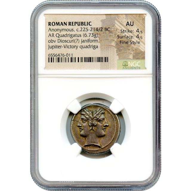 Ancient Roman Republic - 225-214/2 BCE Anonymous AR Quadrigatus NGC AU Fine Style