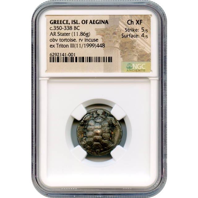 Ancient Greece - 350-338 BCE Island of Aegina Turtle AR Stater NGC Choice XF Ex.Triton