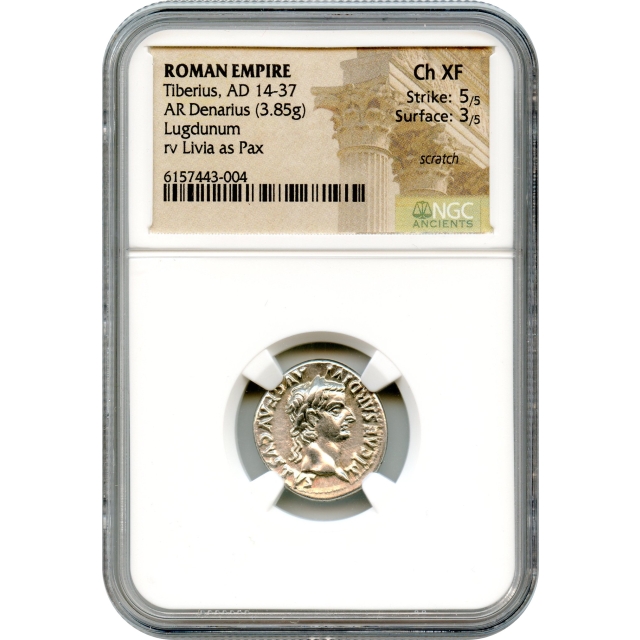 Ancient Rome - 14-37 CE Tiberius AR Denarius NGC Choice XF - Biblical Tribute Penny