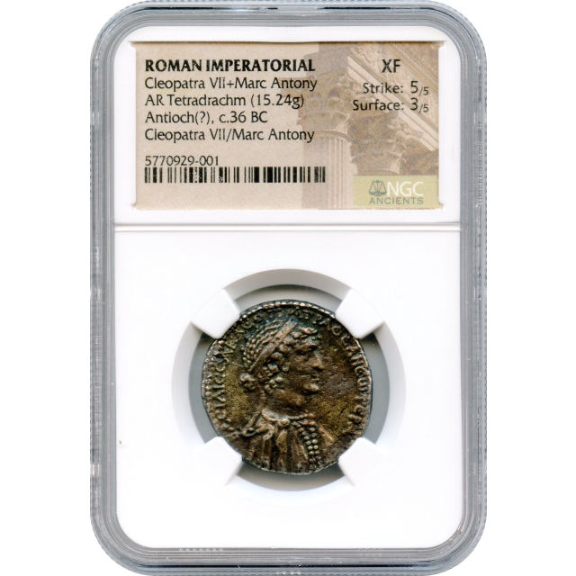 Ancient Roman Republic -  36 BCE Cleopatra VII+Marc Antony AR Tetradrachm NGC XF