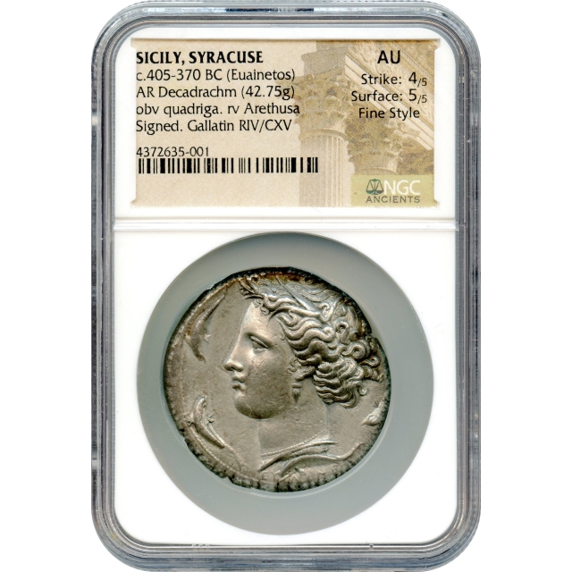 Ancient Greece - 405-370 BCE Sicily, Syracuse (signed Euainetos) AR Decadrachm NGC AU in Fine Style