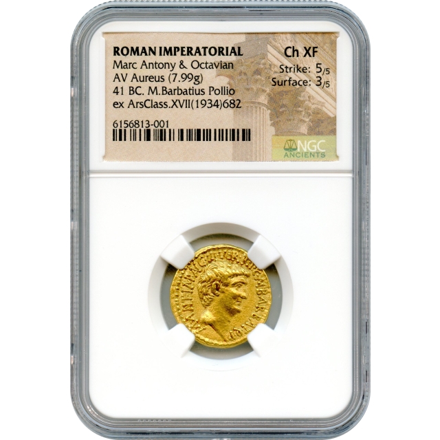 Ancient Roman Imperatorial - 45 BCE Marc Antony & Octavian AV Aureus NGC Choice XF - M. Barbatius Pollio