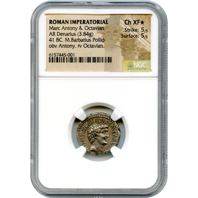 Ancient Roman Imperatorial - 41 BCE Marc Antony & Octavian AR Denarius NGC Choice XF★ - M. Barbatius Pollio moneyer