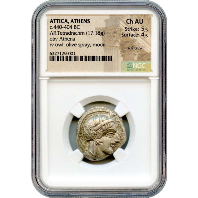 Ancient Greece - 440-404 BCE Attica, Athens Owl AR Tetradrachm NGC Choice AU Full Crest