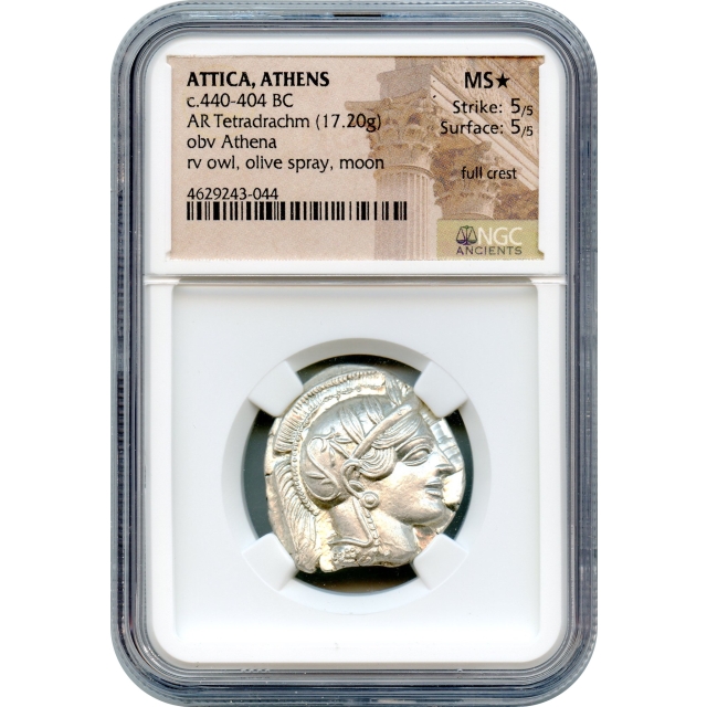 Ancient Greece - 440-404 BCE Attica, Athens Owl AR Tetradrachm NGC MS★ Full Crest