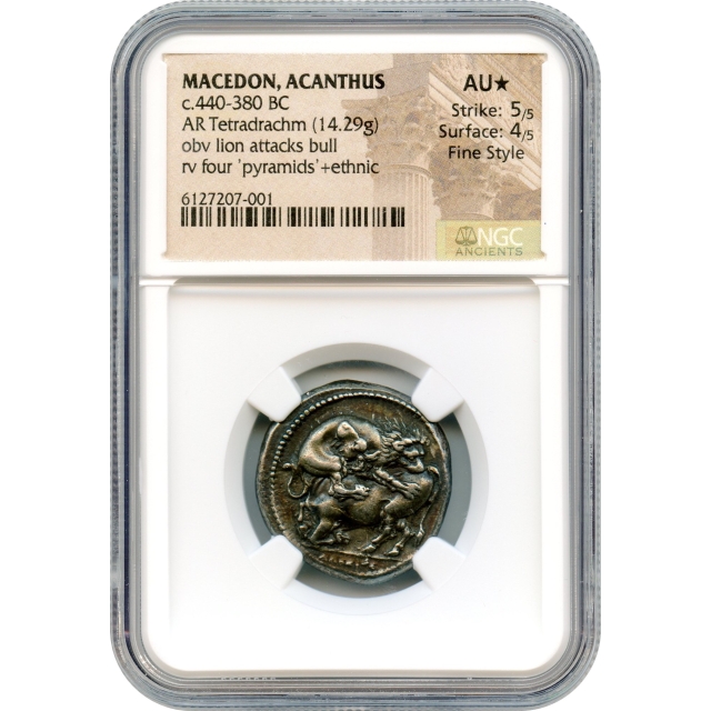 Ancient Greece - 440-380 BCE Kingdom of Macedon, Acanthus, AR Tetradrachm NGC AU★ Fine Style