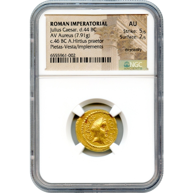 Ancient Roman Imperatorial - 46 BCE Julius Caesar AV Aureus NGC AU - moneyer Aulus Hirtius