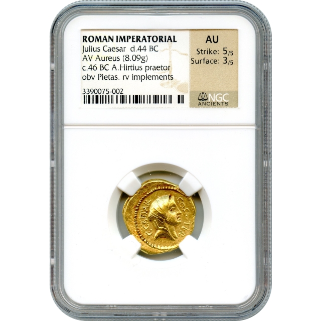 Ancient Roman Imperatorial - 46 BCE Julius Caesar AV Aureus NGC AU - moneyer Aulus Hirtius