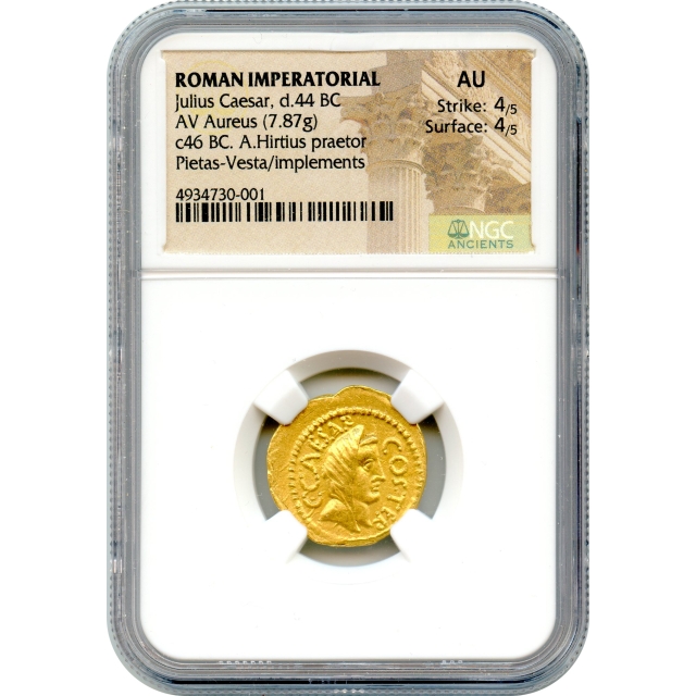 Ancient Roman Imperatorial - 46 BCE Julius Caesar AV Aureus NGC AU - moneyer Aulus Hirtius