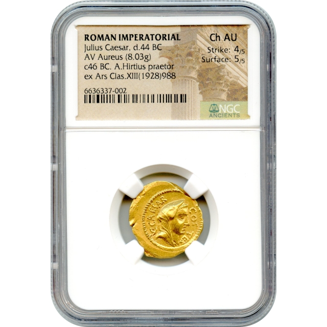 Ancient Roman Imperatorial - 46 BCE Julius Caesar AV Aureus NGC Choice AU - moneyer A.Hirtius