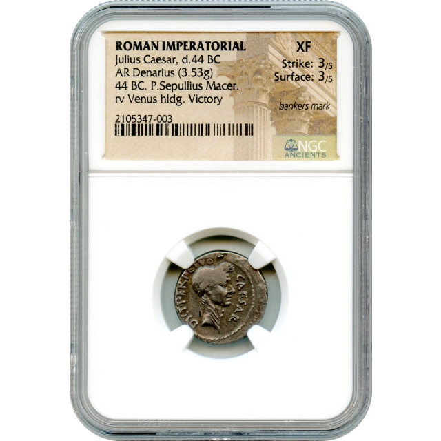 Ancient Roman Imperatorial - 44 BCE Julius Caesar AR Denarius NGC AU - P. Sepullius Macer moneyer