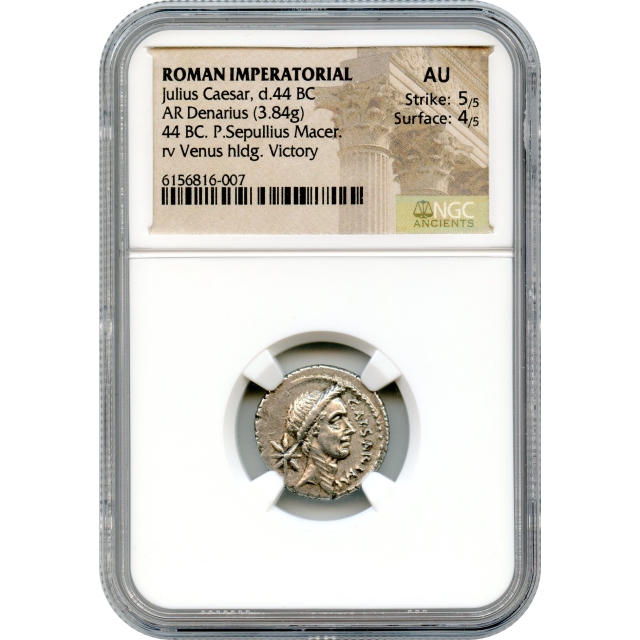 Ancient Roman Imperatorial - 44 BCE Julius Caesar AR Denarius NGC AU - P. Sepullius Macer moneyer