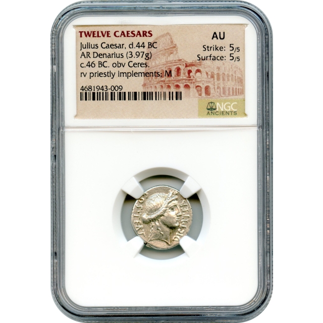 Ancient Roman Imperatorial - 46 BCE Julius Caesar, Ceres obverse AR Denarius NGC AU