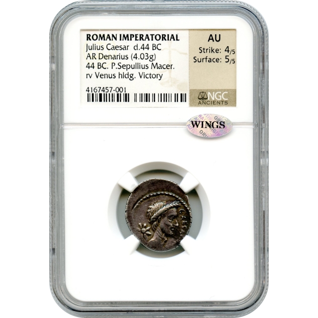 Ancient Roman Imperatorial - 44 BCE Julius Caesar AR Denarius NGC AU - P. Sepullius Macer moneyer