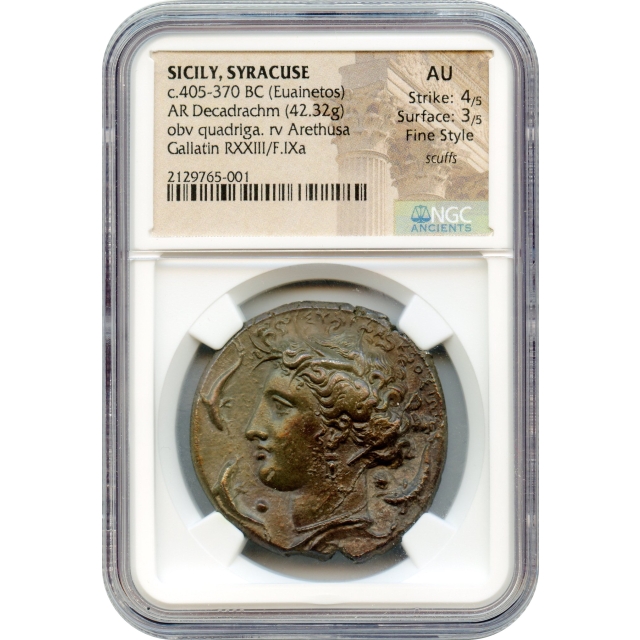 Ancient Greece - 405-370 BCE Sicily, Syracuse (Euainetos) AR Decadrachm NGC AU in Fine Style