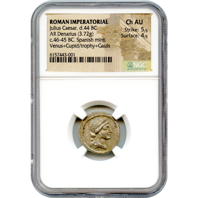 Ancient Roman Imperatorial - 46-45 BCE Julius Caesar AR Denarius NGC Choice AU