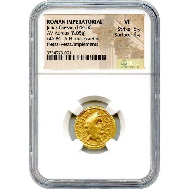 Ancient Roman Imperatorial - 46 BCE Julius Caesar AV Aureus NGC VF - moneyer Aulus Hirtius