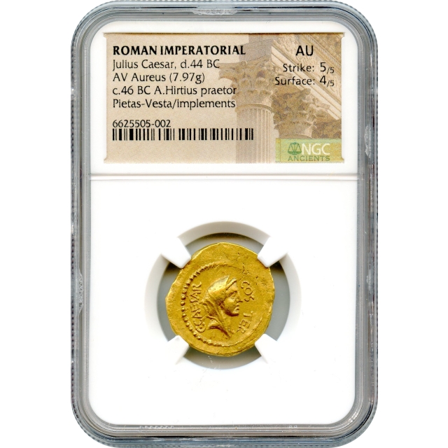 Ancient Roman Imperatorial - 46 BCE Julius Caesar AV Aureus NGC AU - moneyer Aulus Hirtius		