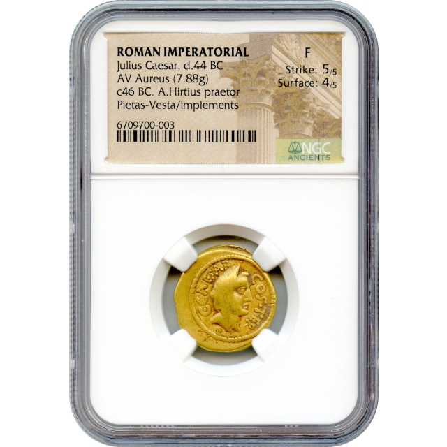 Ancient Roman Imperatorial - 46 BCE Julius Caesar AV Aureus NGC Fine - moneyer Aulus Hirtius