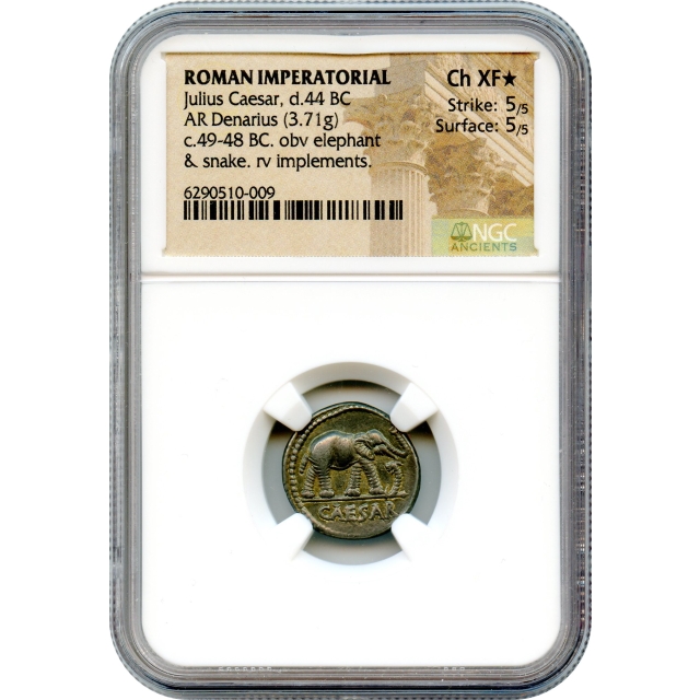 Ancient Roman Imperatorial - 49-48 BCE Julius Caesar, Elephant obverse AR Denarius NGC Choice XF★