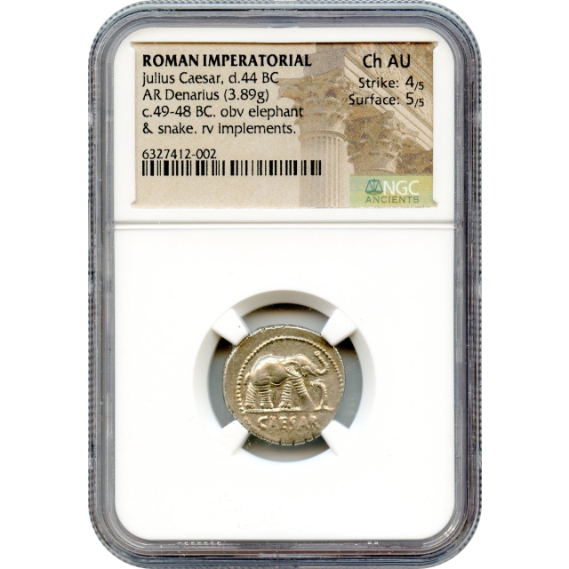 Ancient Roman Imperatorial - 49-48 BCE Julius Caesar, Elephant obverse AR Denarius NGC Choice AU