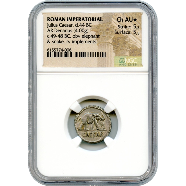Ancient Roman Imperatorial - 49-48 BCE Julius Caesar, Elephant obverse AR Denarius NGC Choice AU*