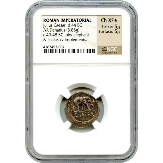 Ancient Roman Imperatorial - 49-48 BCE Julius Caesar, Elephant obverse AR Denarius NGC Choice XF★