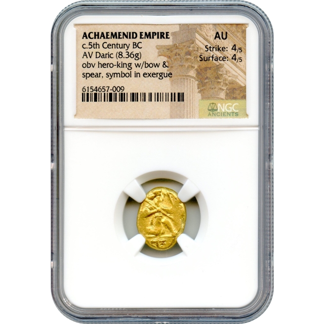 Ancient Archaic Period - 485-420 BCE Achaemenid Persian Empire AV Daric, UNIQUE symbol in exergue, NGC AU