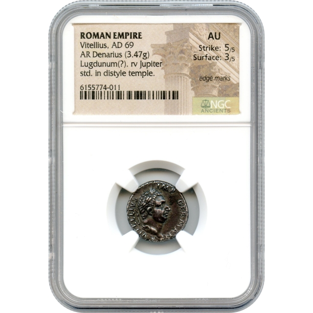 Ancient Rome -  69 CE Vitellius AR Denarius NGC AU - rare variety!