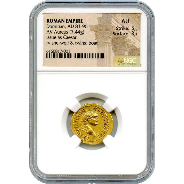 Ancient Rome - 81-96 CE Domitian AV Aureus NGC AU - She-Wolf with Twins rev