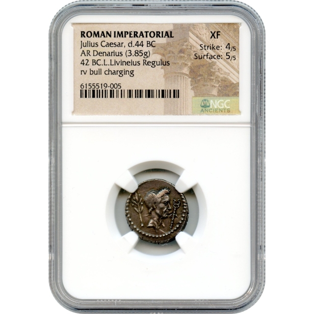 Ancient Roman Imperatorial - 42 BCE Julius Caesar AR Denarius NGC XF - L. Livineius Regulus moneyer