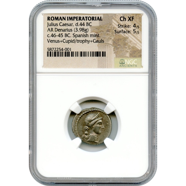 Ancient Roman Imperatorial - 46-45 BCE Julius Caesar, Spanish mint AR Denarius NGC Choice XF