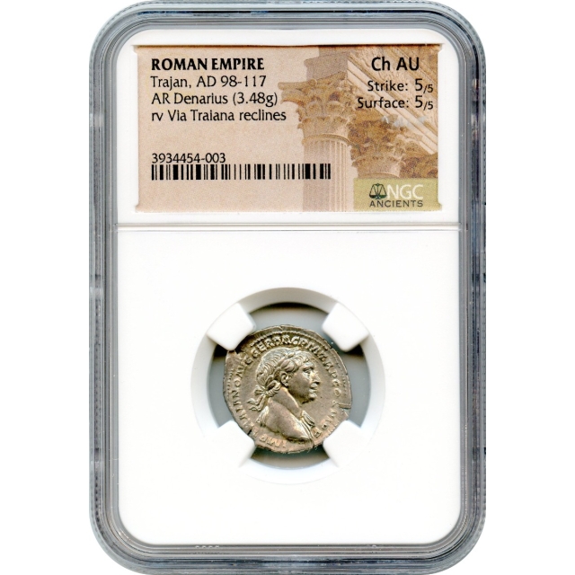 Ancient Rome - 98-117 CE Trajan AR Denarius NGC Choice AU
